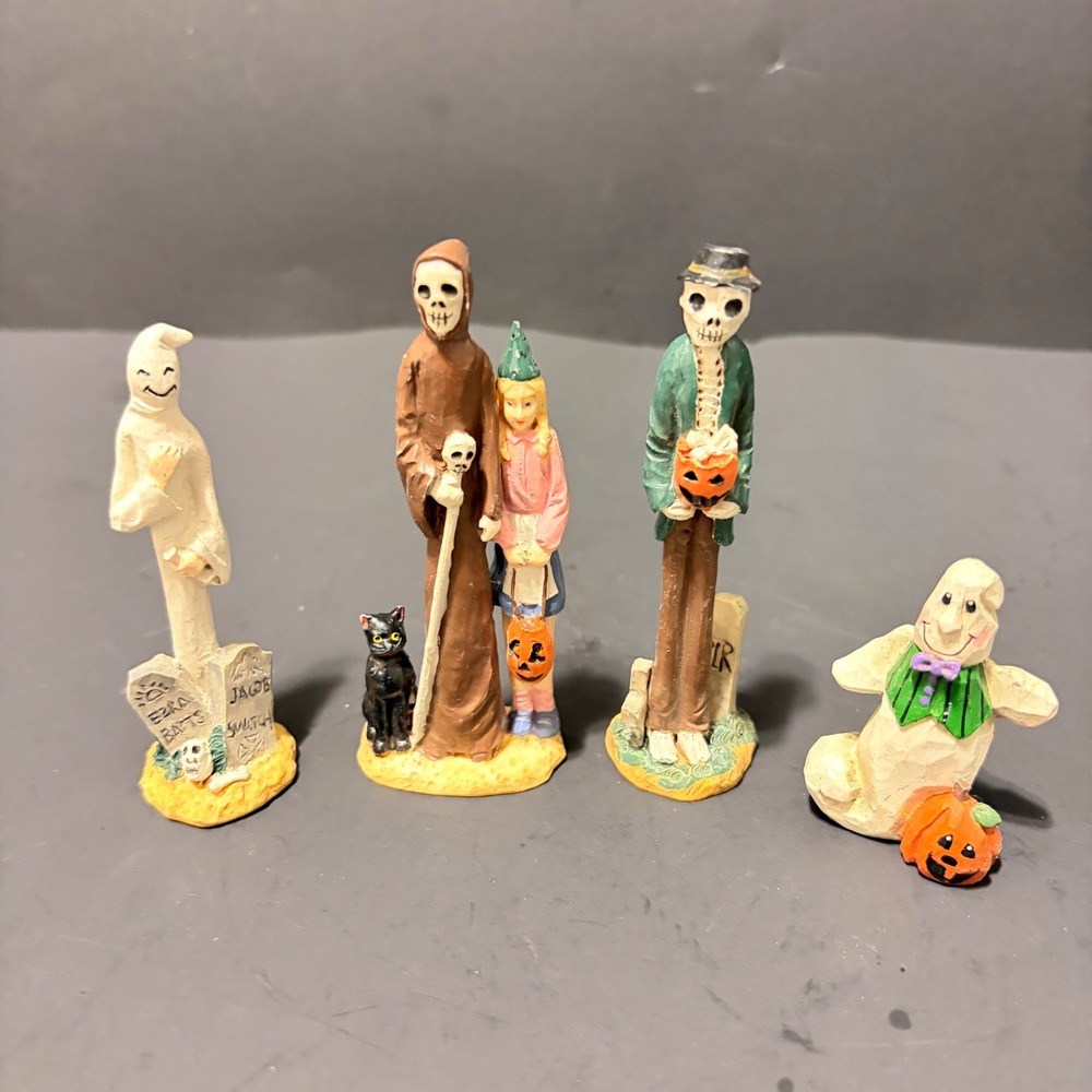 Vintage Style Halloween Resin Figurine Set Ghost Skeleton Reaper 4pc 4"